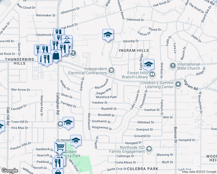 map of restaurants, bars, coffee shops, grocery stores, and more near 5511 Degan Way in San Antonio