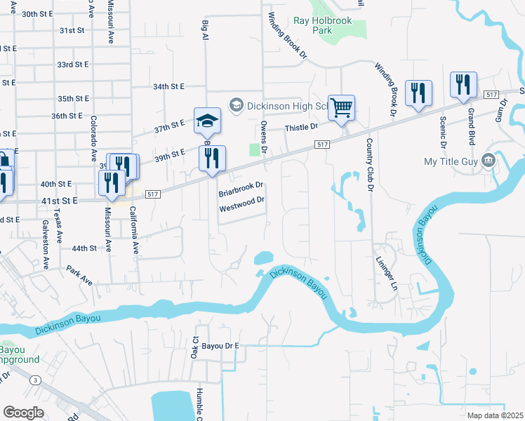 map of restaurants, bars, coffee shops, grocery stores, and more near 5021 Cedar Creek Drive in Dickinson