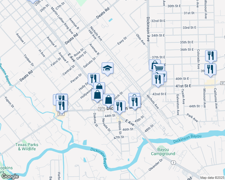 map of restaurants, bars, coffee shops, grocery stores, and more near 3923 Liggio Street in Dickinson