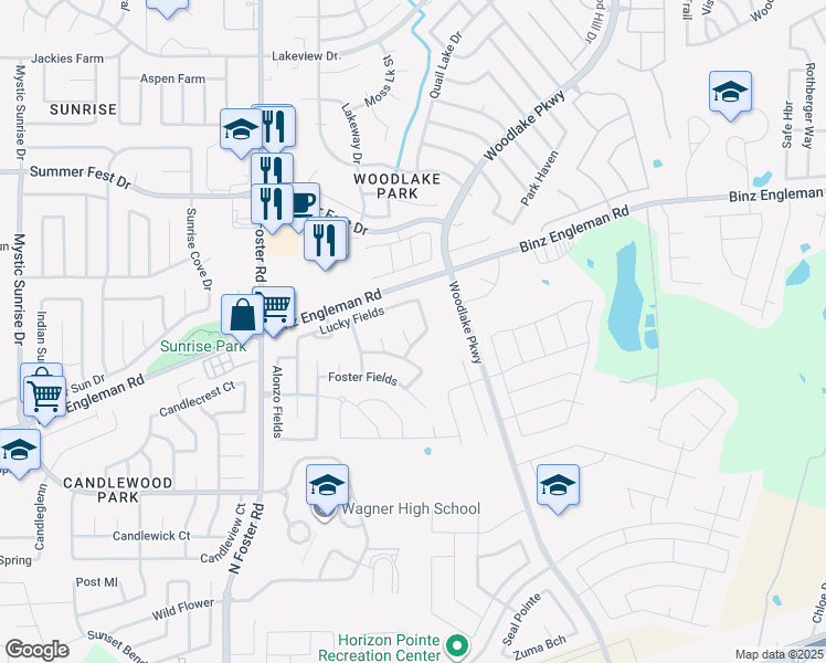 map of restaurants, bars, coffee shops, grocery stores, and more near 3614 Melody Fields in Converse
