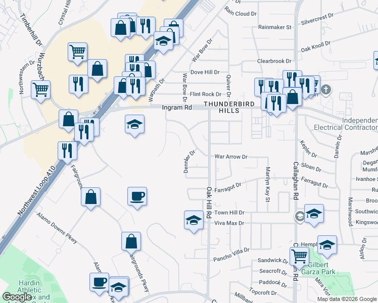 map of restaurants, bars, coffee shops, grocery stores, and more near 2727 Dennler Drive in San Antonio