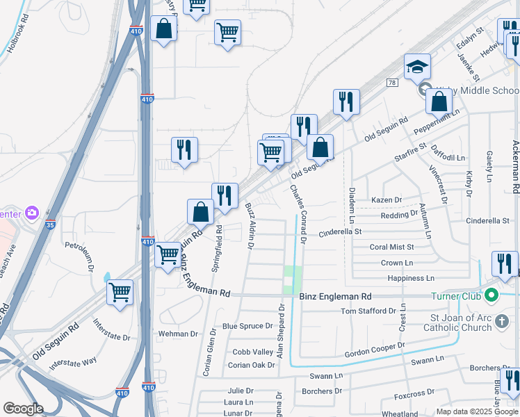 map of restaurants, bars, coffee shops, grocery stores, and more near 4810 Explorer Street in Kirby