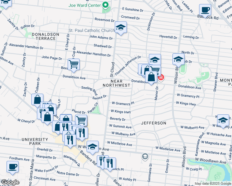 map of restaurants, bars, coffee shops, grocery stores, and more near 343 Senisa Drive in San Antonio