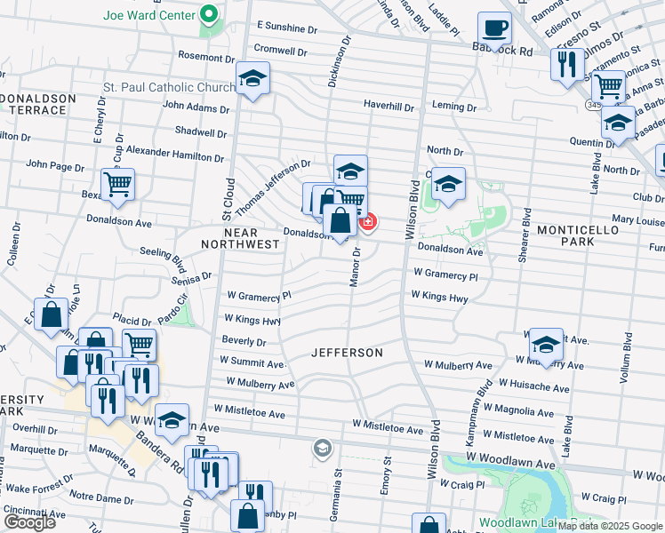 map of restaurants, bars, coffee shops, grocery stores, and more near 214 Senisa Drive in San Antonio