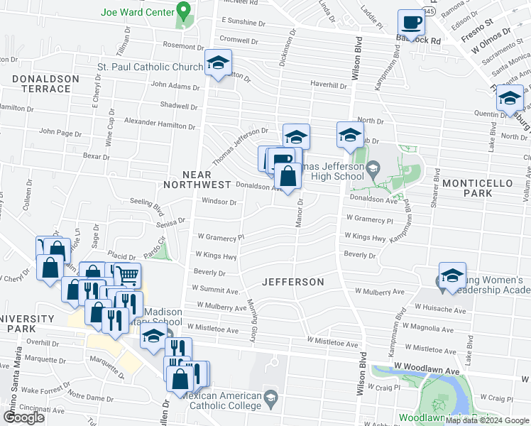 map of restaurants, bars, coffee shops, grocery stores, and more near 238 Senisa Drive in San Antonio