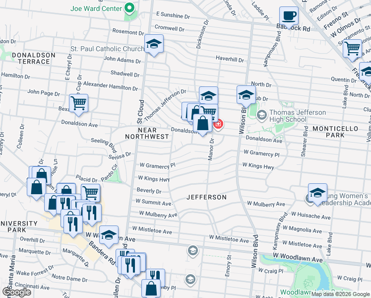 map of restaurants, bars, coffee shops, grocery stores, and more near 238 Senisa Drive in San Antonio