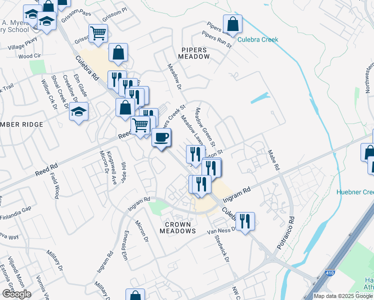 map of restaurants, bars, coffee shops, grocery stores, and more near 7771 Joe Newton Street in San Antonio