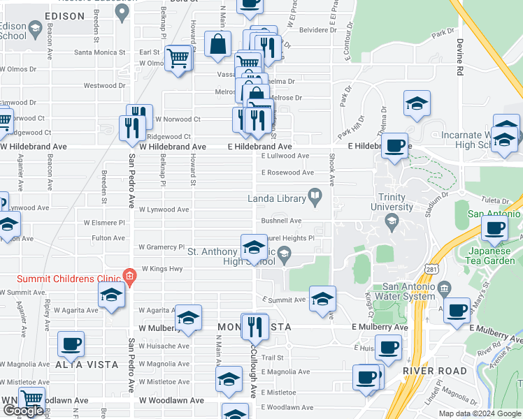 map of restaurants, bars, coffee shops, grocery stores, and more near 3602 McCullough Avenue in San Antonio