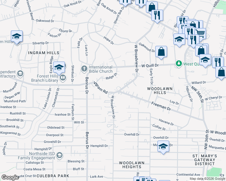 map of restaurants, bars, coffee shops, grocery stores, and more near 397 West Broadview Drive in San Antonio