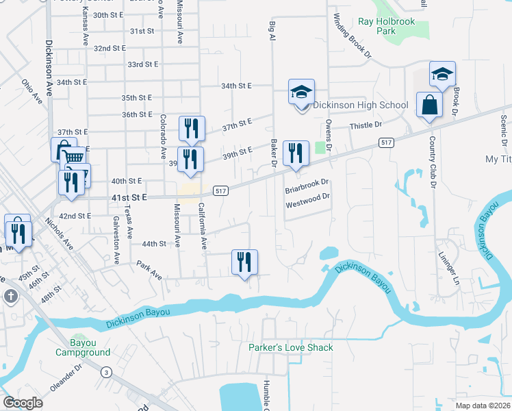 map of restaurants, bars, coffee shops, grocery stores, and more near 4131 Georgia Avenue in Dickinson