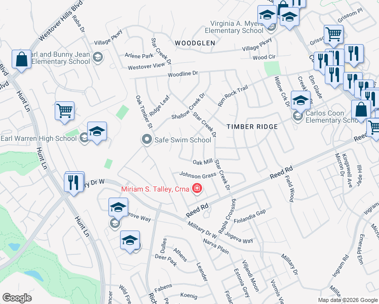 map of restaurants, bars, coffee shops, grocery stores, and more near 8414 Oak Post Street in San Antonio