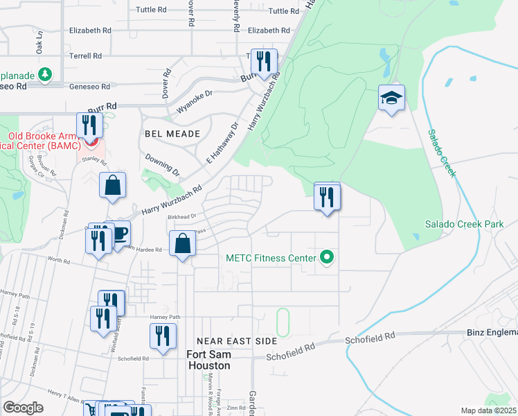 map of restaurants, bars, coffee shops, grocery stores, and more near 3480 Garden Avenue in San Antonio