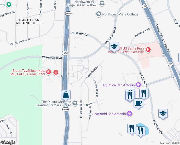 map of restaurants, bars, coffee shops, grocery stores, and more near 1819 Copperfield Road in San Antonio