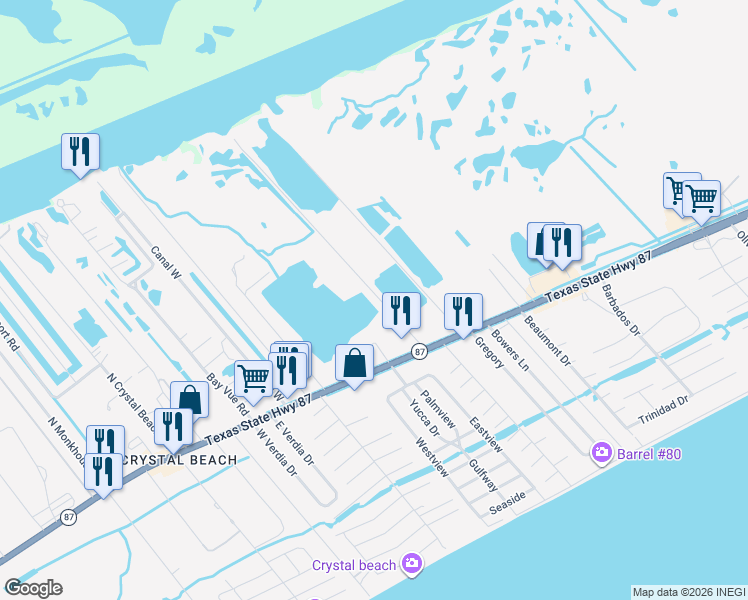 map of restaurants, bars, coffee shops, grocery stores, and more near 2059 Texas 87 in Bolivar Peninsula