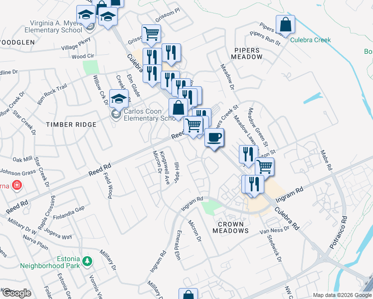 map of restaurants, bars, coffee shops, grocery stores, and more near 7935 Pipers Creek Street in San Antonio