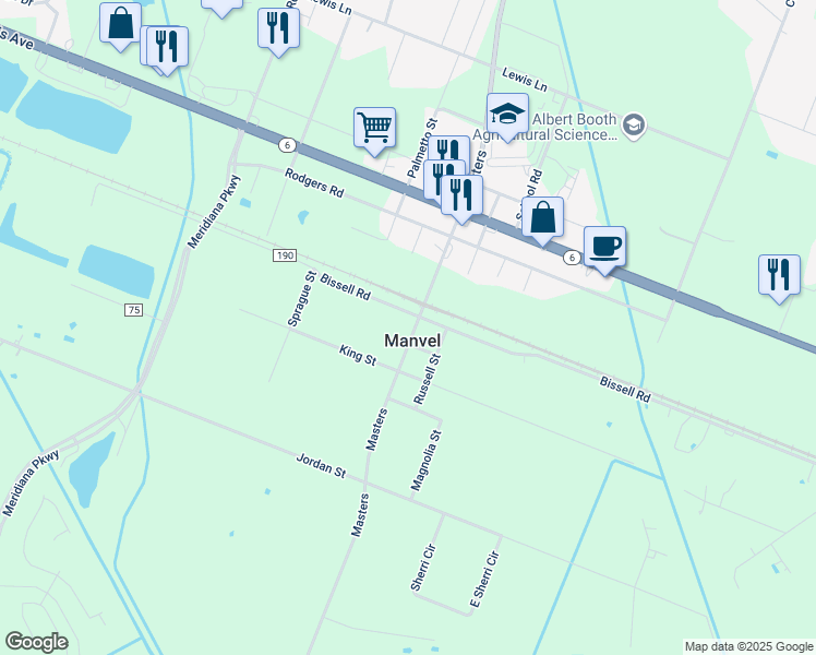 map of restaurants, bars, coffee shops, grocery stores, and more near 7810 Masters in Manvel