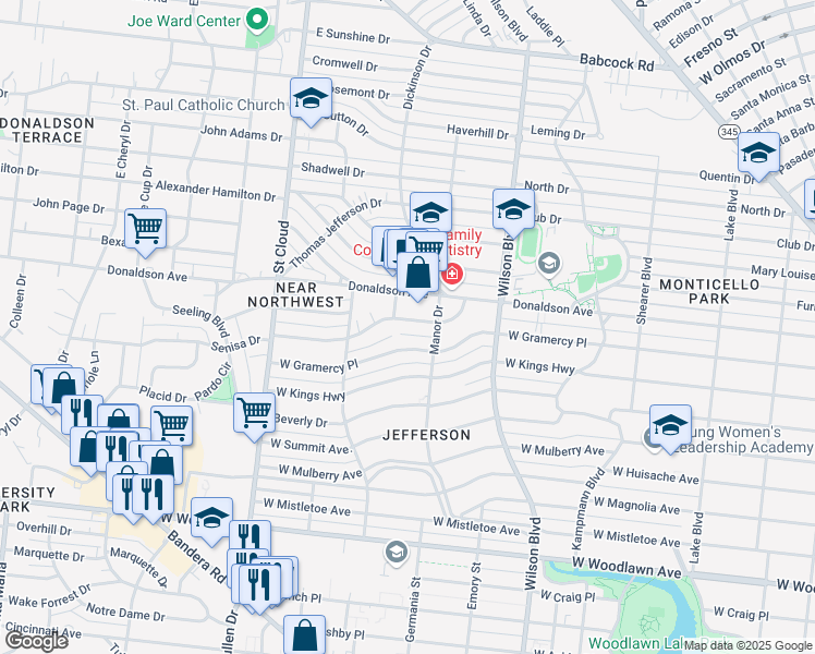 map of restaurants, bars, coffee shops, grocery stores, and more near 214 Senisa Drive in San Antonio