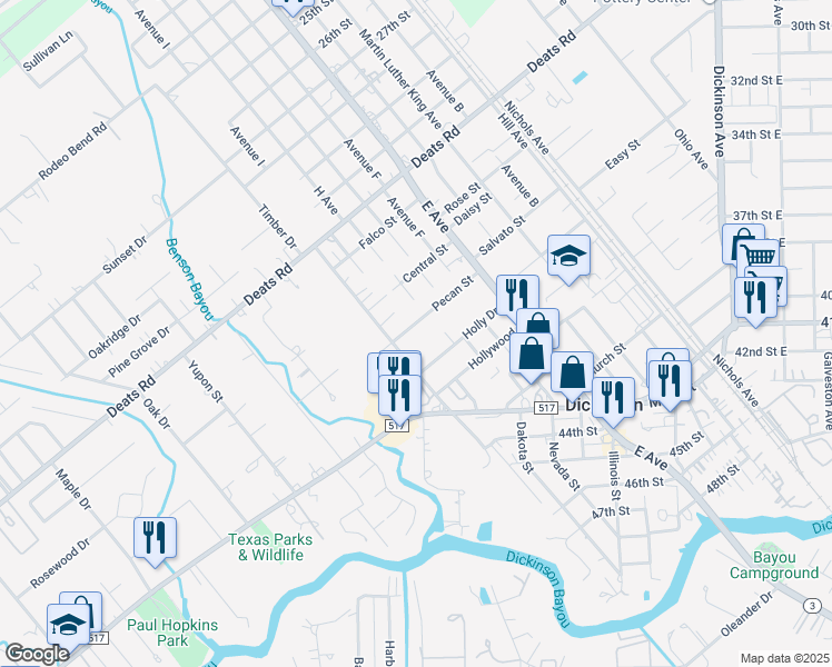 map of restaurants, bars, coffee shops, grocery stores, and more near 2309 Holly Drive in Dickinson