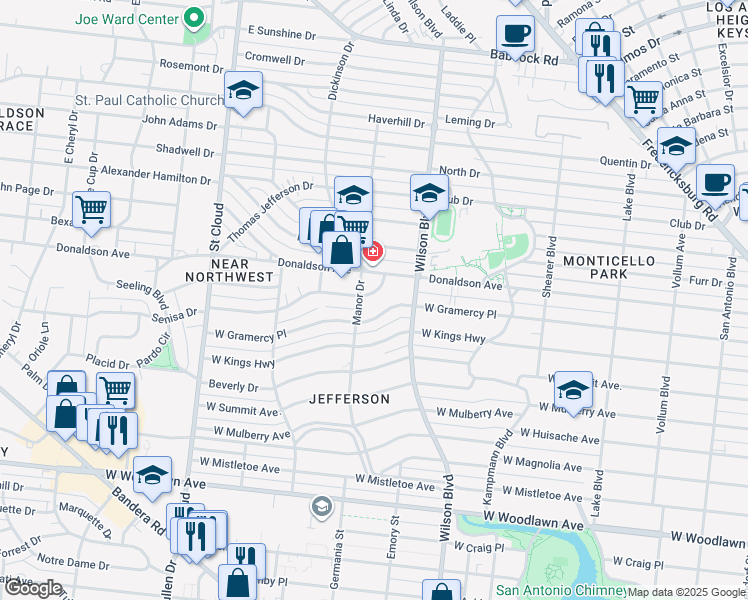 map of restaurants, bars, coffee shops, grocery stores, and more near 140 Senisa Drive in San Antonio