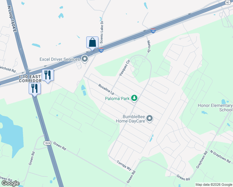 map of restaurants, bars, coffee shops, grocery stores, and more near 10514 Rosalina Loop in Converse