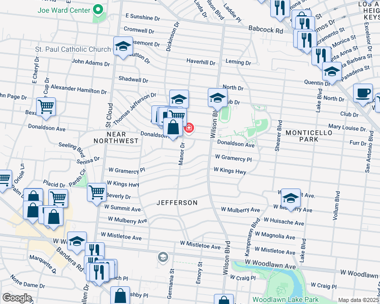map of restaurants, bars, coffee shops, grocery stores, and more near 140 Senisa Drive in San Antonio