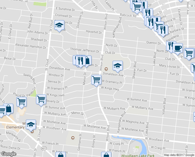 map of restaurants, bars, coffee shops, grocery stores, and more near 2403 West Gramercy Place in San Antonio