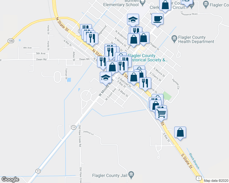map of restaurants, bars, coffee shops, grocery stores, and more near 200 South Forsyth Lane in Bunnell