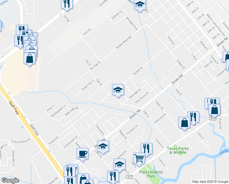 map of restaurants, bars, coffee shops, grocery stores, and more near 2701 Oak Drive in Dickinson