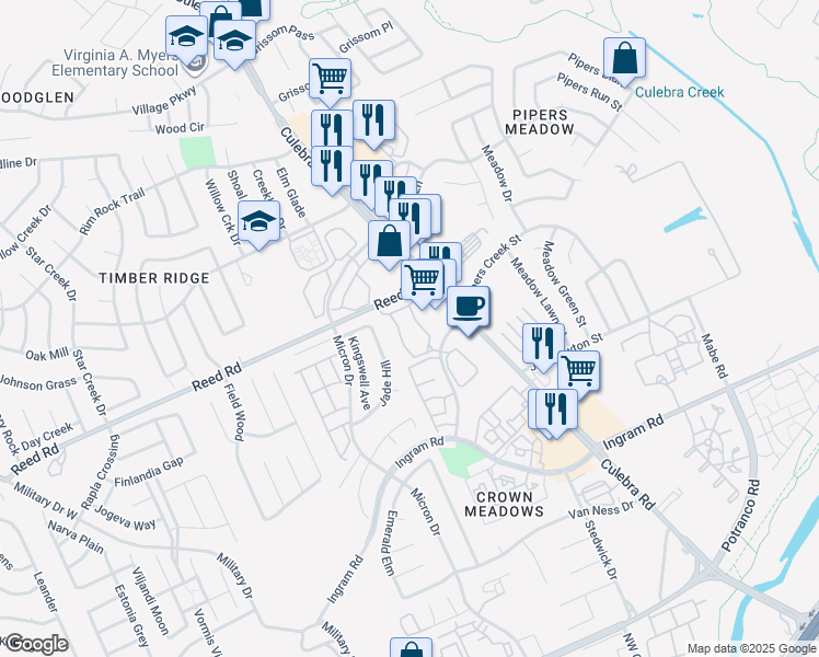 map of restaurants, bars, coffee shops, grocery stores, and more near 7935 Pipers Creek Street in San Antonio