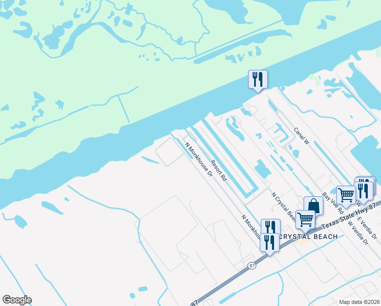 map of restaurants, bars, coffee shops, grocery stores, and more near 1270 North Monkhouse Drive in Bolivar Peninsula