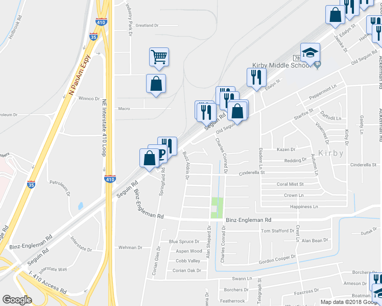 map of restaurants, bars, coffee shops, grocery stores, and more near 4810 Explorer Street in Kirby
