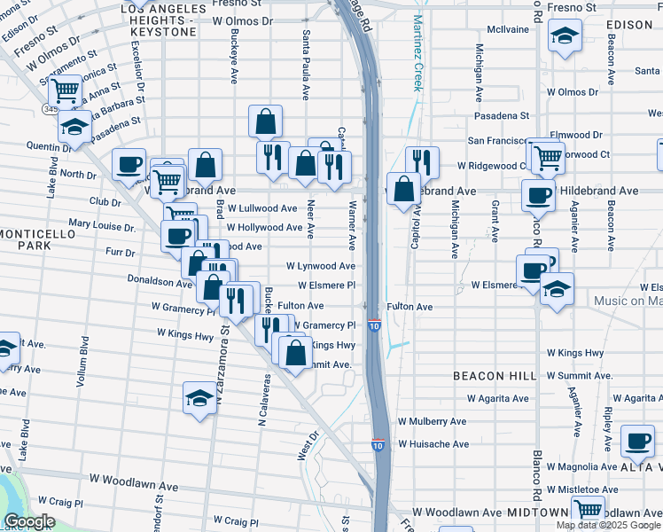 map of restaurants, bars, coffee shops, grocery stores, and more near 1338 West Lynwood Avenue in San Antonio