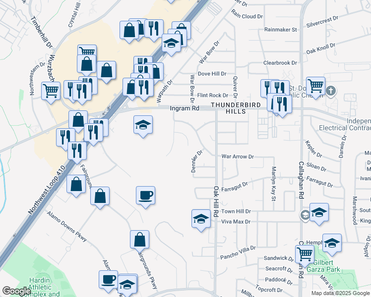 map of restaurants, bars, coffee shops, grocery stores, and more near 2903 War Feather in San Antonio