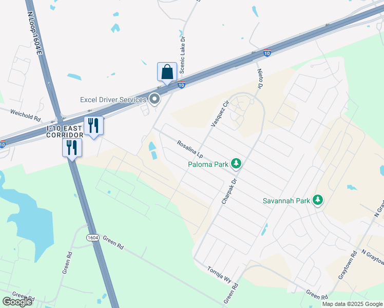map of restaurants, bars, coffee shops, grocery stores, and more near 10434 Rosalina Loop in Converse