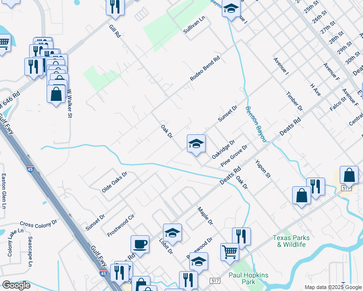 map of restaurants, bars, coffee shops, grocery stores, and more near 2613 Oak Drive in Dickinson