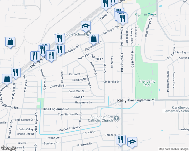 map of restaurants, bars, coffee shops, grocery stores, and more near 3518 Autumn Lane in San Antonio