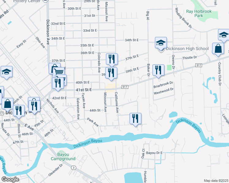 map of restaurants, bars, coffee shops, grocery stores, and more near 4102 California Avenue in Dickinson