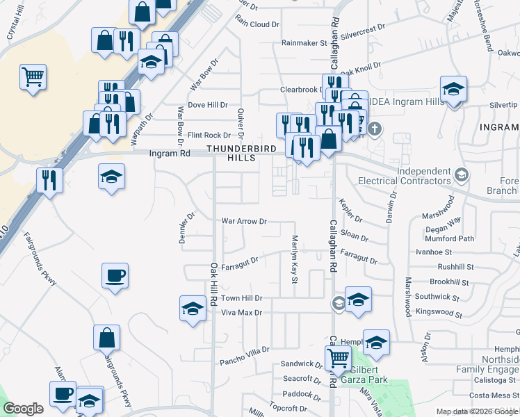 map of restaurants, bars, coffee shops, grocery stores, and more near 2719 War Arrow in San Antonio