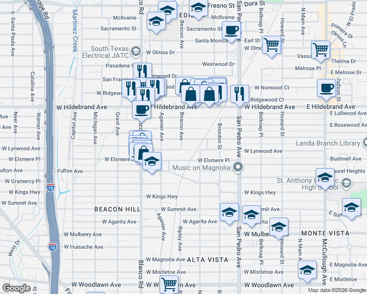 map of restaurants, bars, coffee shops, grocery stores, and more near 622 West Lynwood Avenue in San Antonio