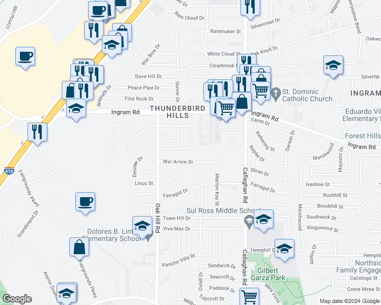 map of restaurants, bars, coffee shops, grocery stores, and more near 2719 War Arrow in San Antonio