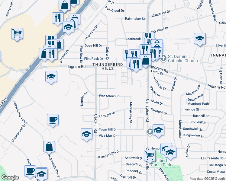 map of restaurants, bars, coffee shops, grocery stores, and more near 2719 War Arrow in San Antonio