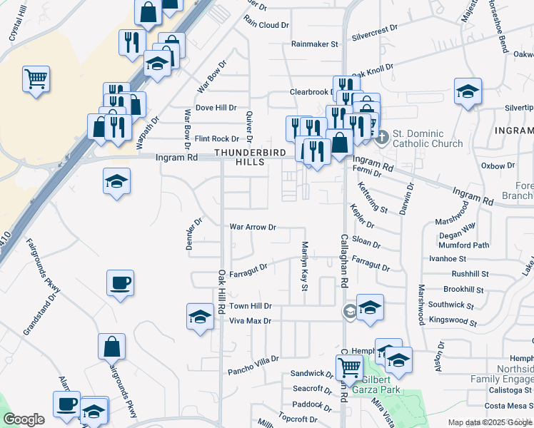 map of restaurants, bars, coffee shops, grocery stores, and more near 2719 War Arrow in San Antonio