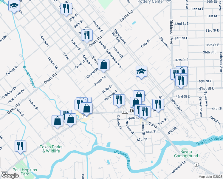 map of restaurants, bars, coffee shops, grocery stores, and more near 2603 Hollywood in Dickinson