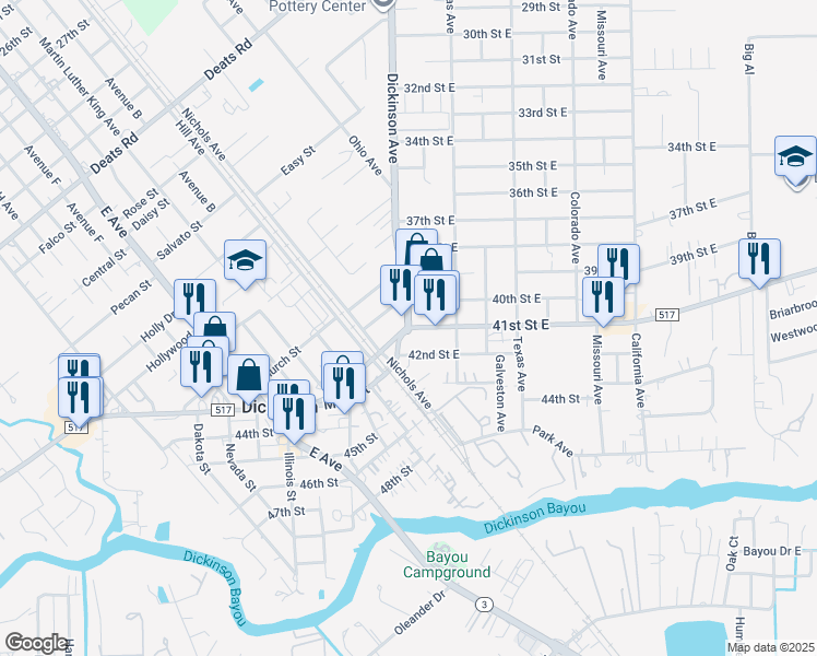 map of restaurants, bars, coffee shops, grocery stores, and more near 5601 Dickinson Avenue in Dickinson