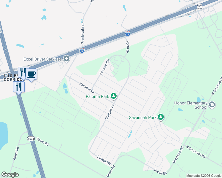 map of restaurants, bars, coffee shops, grocery stores, and more near 10606 Francisco Way in Converse