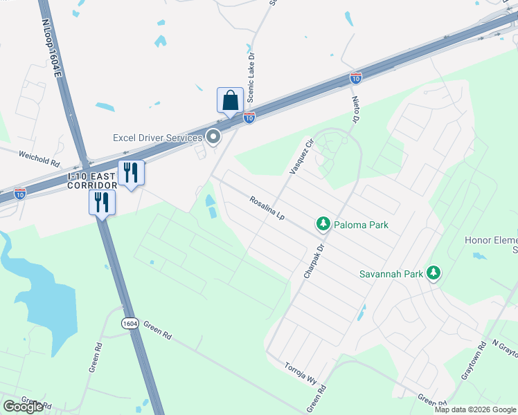 map of restaurants, bars, coffee shops, grocery stores, and more near 10434 Rosalina Loop in Converse