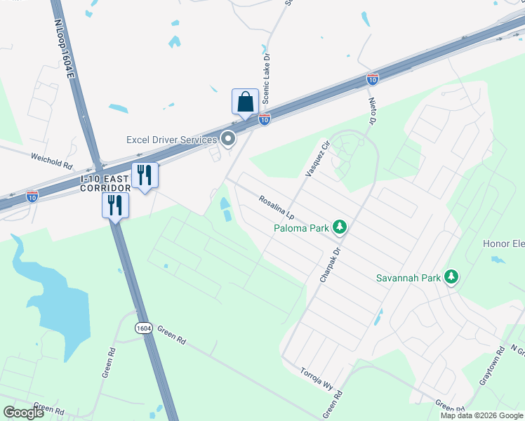 map of restaurants, bars, coffee shops, grocery stores, and more near 10437 Margarita Loop in Converse