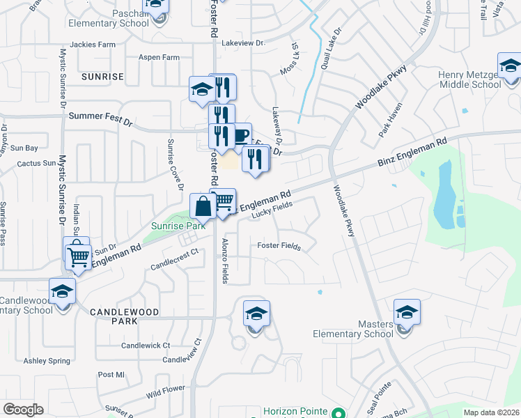 map of restaurants, bars, coffee shops, grocery stores, and more near 6710 Windfield Gap in Converse
