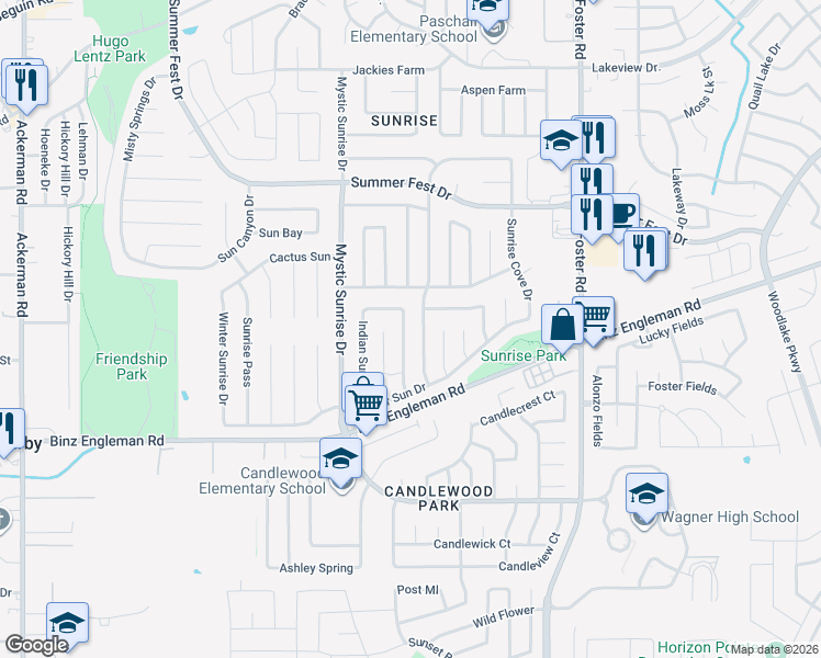 map of restaurants, bars, coffee shops, grocery stores, and more near 4022 Sunrise Creek Drive in San Antonio