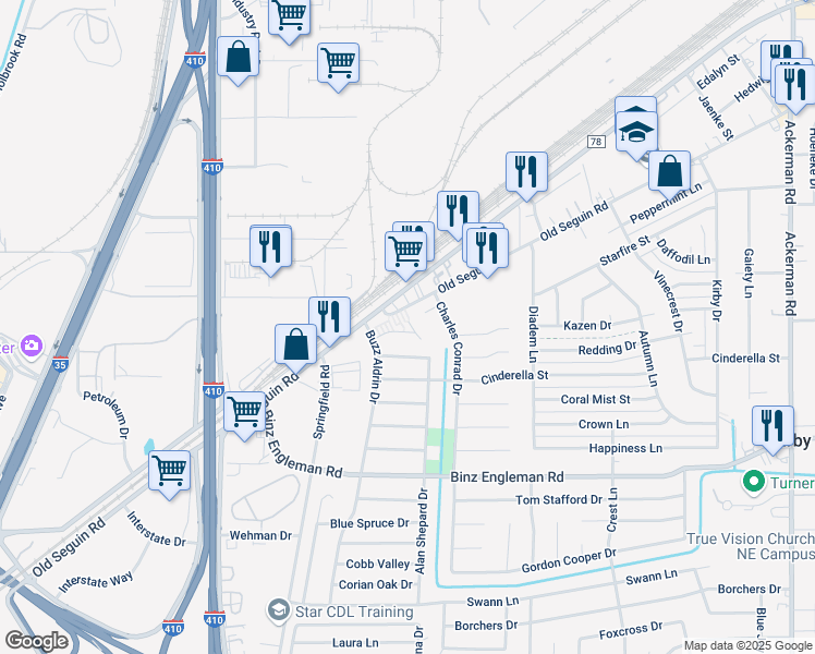 map of restaurants, bars, coffee shops, grocery stores, and more near 4810 Explorer Street in Kirby